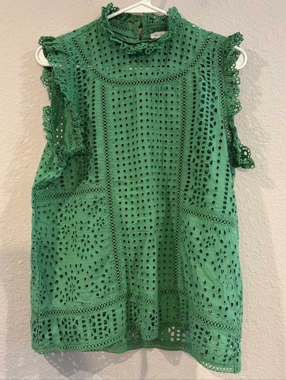 Sundance Womens Green Embroidered Eyelet Patch Stitch Sleeveless Blouse Size S